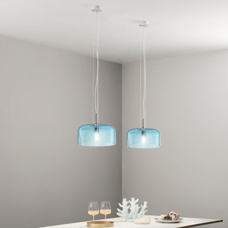 Lampadario da Interno a Sospensione Elegante Blu Luce in Vetro Soffiato