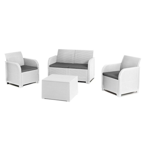 Salotto da Esterno Effetto Rattan Bianco Lounge Divano con Cuscini