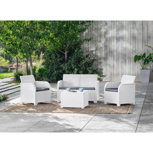 Salotto da Esterno Effetto Rattan Bianco Lounge Divano con Cuscini
