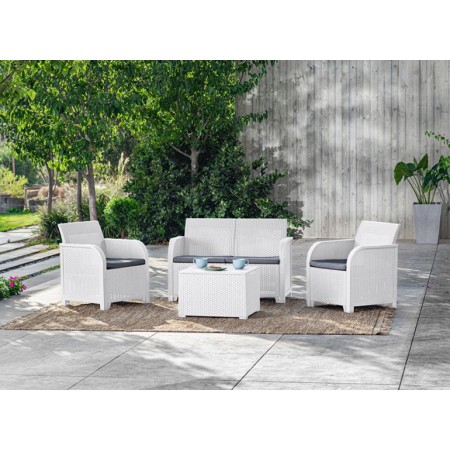 Salotto da Esterno Effetto Rattan Bianco Lounge Divano con Cuscini