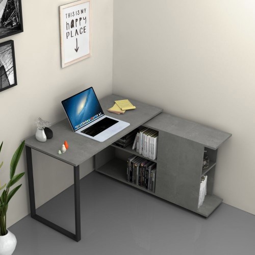 Scrivania Cemento Angolare 120x60 cm con Libreria Reversibile