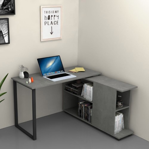Scrivania Cemento Angolare 120x60 cm con Libreria Reversibile