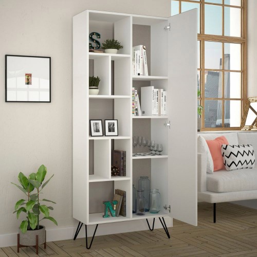 Libreria Bianca Moderna Scaffale Rettangolare con 11 Vani in Legno