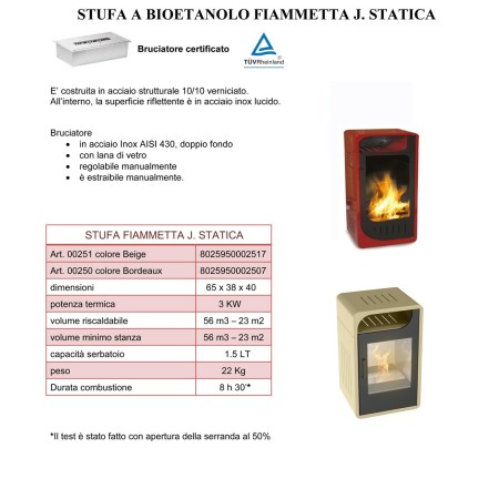 Stufa Bioetanolo Fiammetta Statica Junior Rossa Camino 3kw 25m2 - Capienza 1.5lt