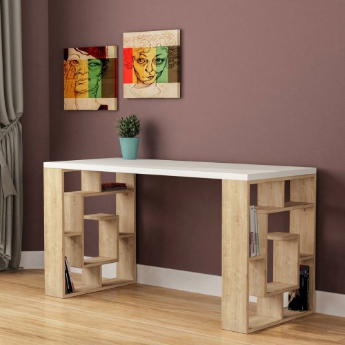 Tavolo Scrivania 140 con Libreria Rovere Bianco in Legno per Ufficio