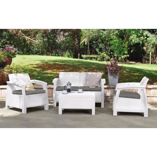 Salotto da Esterno Bianco Effetto Rattan Salottino Divano 2 Poltrone