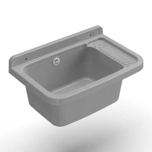 Pilozzo Lavabo in Resina 60x40 Grigio da Esterno con Sifone Piletta Lavatoio