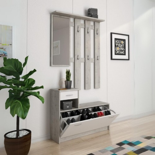 Mobile per Ingresso Bianco e Grigio con Scarpiera e Specchio