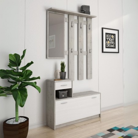 Mobile per Ingresso Bianco e Grigio con Scarpiera e Specchio