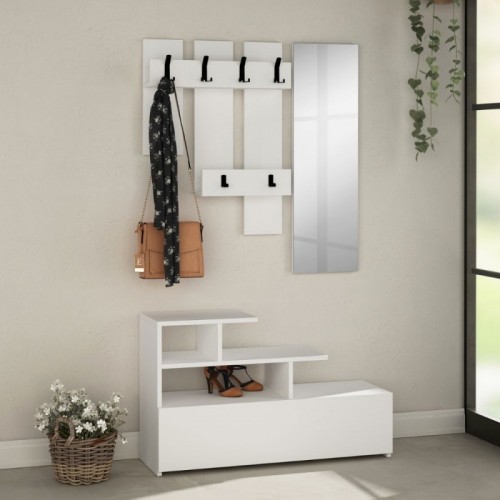 Mobile Ingresso Bianco 100x70cm con Specchio e Scarpiera