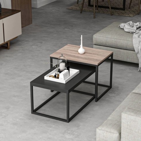 Set Tavolini da Salotto Nero e Noce con Struttura in Metallo