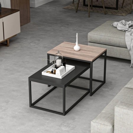 Set Tavolini da Salotto Nero e Noce con Struttura in Metallo