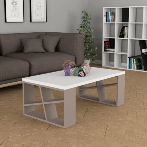 Tavolino da Salotto 105x60 cm con Ripiano bianco e gambe Tortora