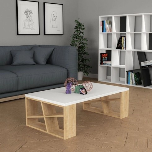 Tavolino da Salotto 105x60 cm Piano Bianco e Gambe Rovere