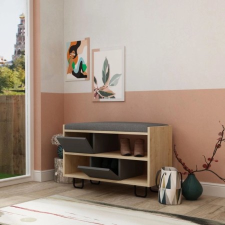 Panca Scarpiera in Legno con Cuscino Imbottito Mobile Ingresso Rovere