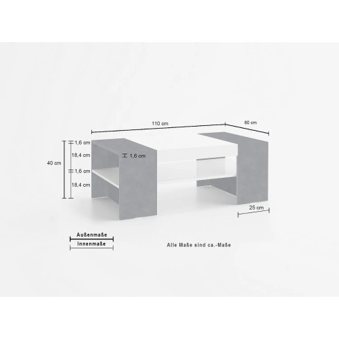 Tavolino da Caffè 110cm Bianco Laccato Rettangolare Basso da Soggiorno