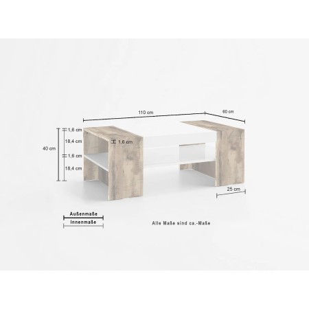 Tavolino da Caffè 110cm Bianco/Acero Rettangolare Basso da Soggiorno