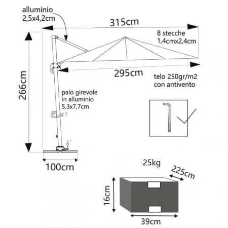 Ombrellone 3x3 Bianco in Alluminio con Palo Decentrato Braccio Laterale