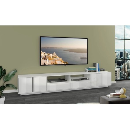 Mobile Porta TV Bianco Laccato 260 cm Madia Bassa per Soggiorno