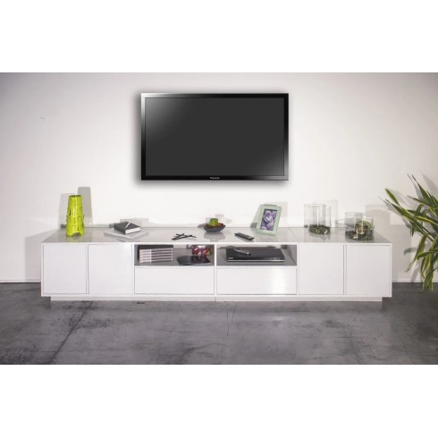 Mobile Porta TV Bianco Laccato 260 cm Madia Bassa per Soggiorno