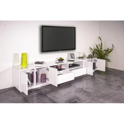 Mobile Porta TV Bianco Laccato 260 cm Madia Bassa per Soggiorno