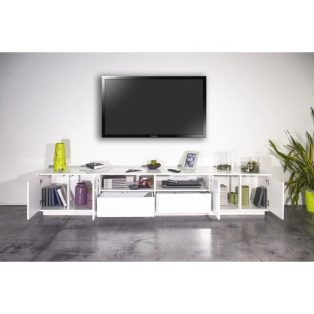 Mobile Porta TV Bianco Laccato 260 cm Madia Bassa per Soggiorno
