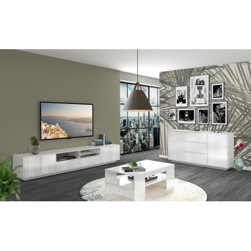 Mobile Porta TV Bianco Laccato 260 cm Madia Bassa per Soggiorno