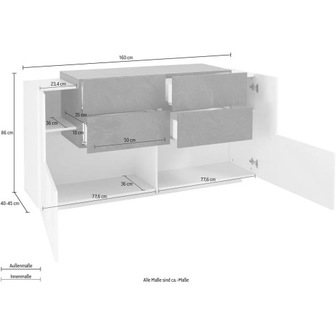 Credenza con 2 ante 4 Cassetti 160cm Bianco Ardesia per Soggiorno