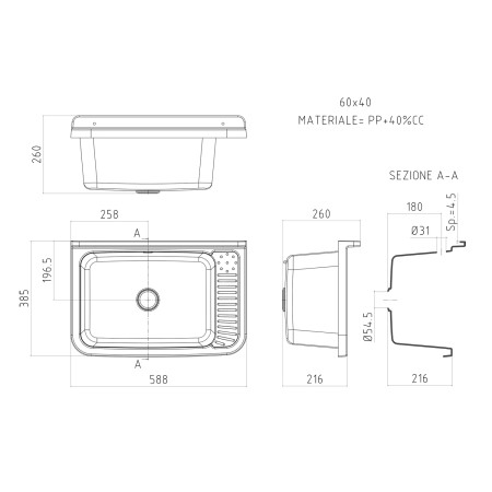 Pilozzo Lavabo in Resina 59x39x28 cm da Esterno Sifone e Kit Montaggio