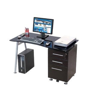 Scrivania per Ufficio Vetro Nero Porta PC Computer Bambini 3 Cassetti con Ruote