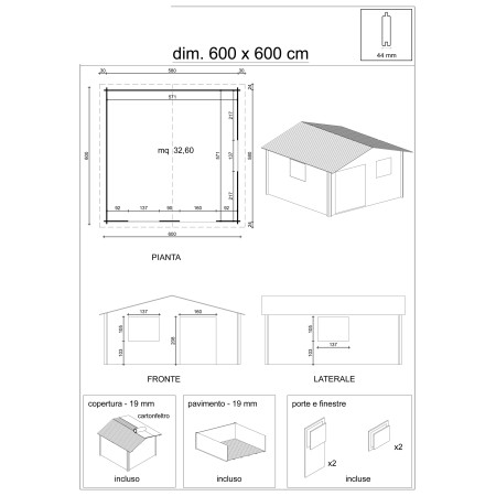 Casetta da Giardino 44 mm in Legno 6x6 infissi con doppio vetro