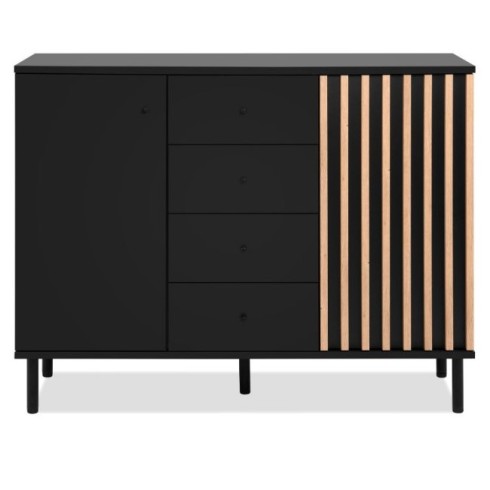Credenza Madia 2 Ante e 4 Cassetti Nero con listelli Rovere