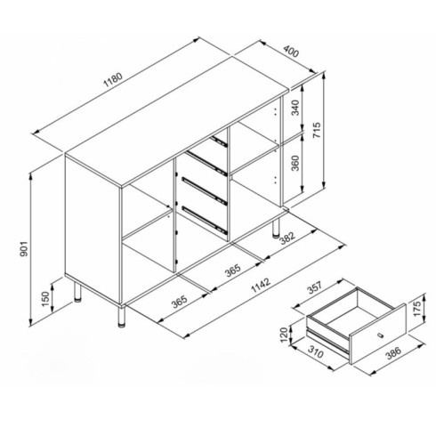 Credenza Madia 2 Ante e 4 Cassetti Nero con listelli Rovere