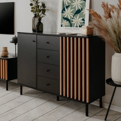 Credenza Madia 2 Ante e 4 Cassetti Nero con listelli Rovere