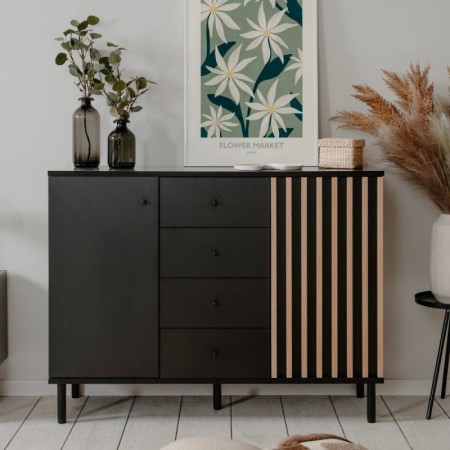 Credenza Madia 2 Ante e 4 Cassetti Nero con listelli Rovere