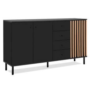 Credenza Madia 3 Ante e 4 Cassetti Nero con listelli Rovere