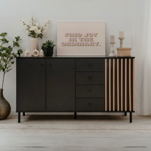 Credenza Madia 3 Ante e 4 Cassetti Nero con listelli Rovere