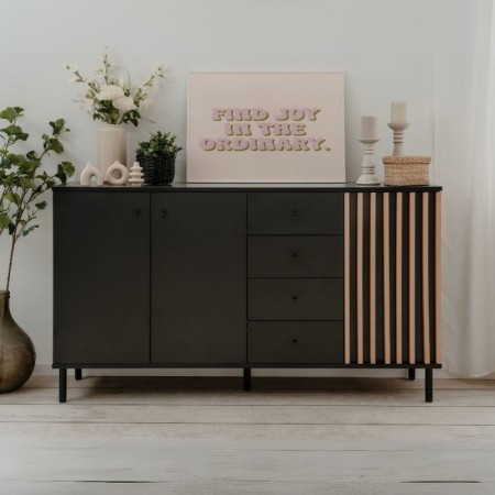 Credenza Madia 3 Ante e 4 Cassetti Nero con listelli Rovere