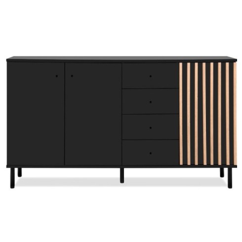 Credenza Madia 3 Ante e 4 Cassetti Nero con listelli Rovere