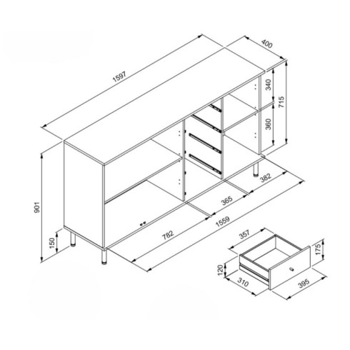 Credenza Madia 3 Ante e 4 Cassetti Nero con listelli Rovere