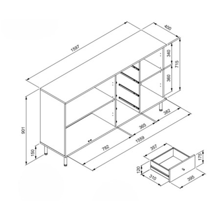 Credenza Madia 3 Ante e 4 Cassetti Nero con listelli Rovere