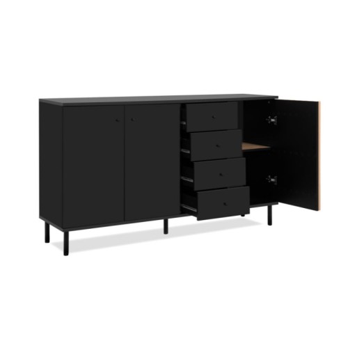 Credenza Madia 3 Ante e 4 Cassetti Nero con listelli Rovere