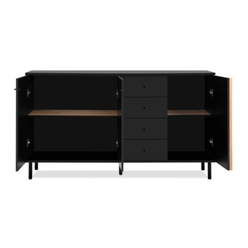 Credenza Madia 3 Ante e 4 Cassetti Nero con listelli Rovere