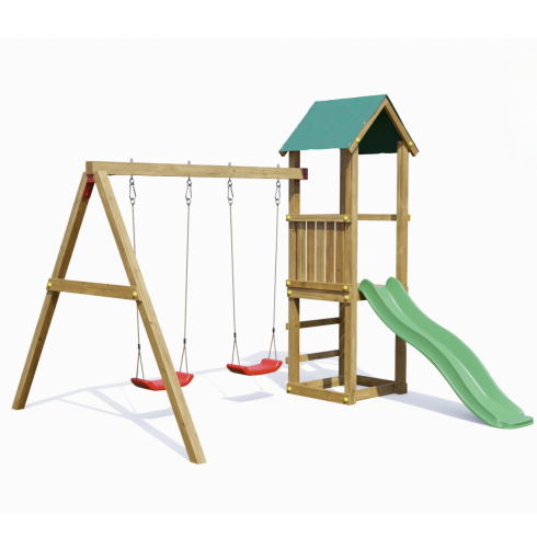 Parco Giochi in Legno con 2 Altalene Scivolo e Sabbiera 310x275x245cm