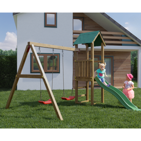 Parco Giochi in Legno con 2 Altalene Scivolo e Sabbiera 310x275x245cm