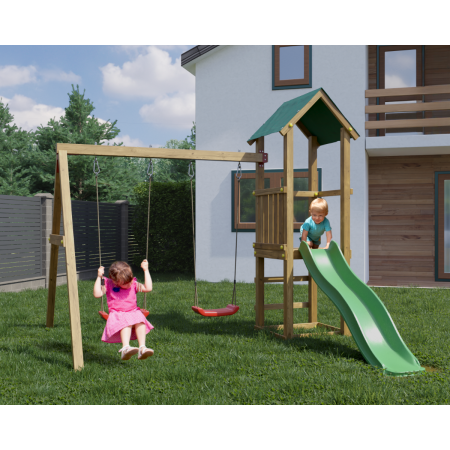 Parco Giochi in Legno con 2 Altalene Scivolo e Sabbiera 310x275x245cm
