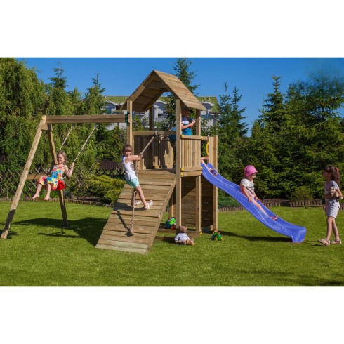 Parco Giochi in Legno con 2 Altalene Scivolo e Sabbiera 310x275x245cm