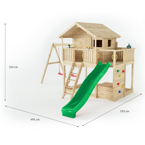 Parco Giochi in Legno con 2 Altalene Scivolo e Sabbiera 310x275x245cm