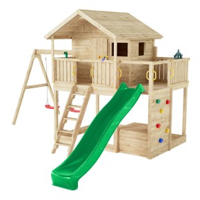 Parco Giochi in Legno con 2 Altalene Scivolo e Sabbiera 310x275x245cm