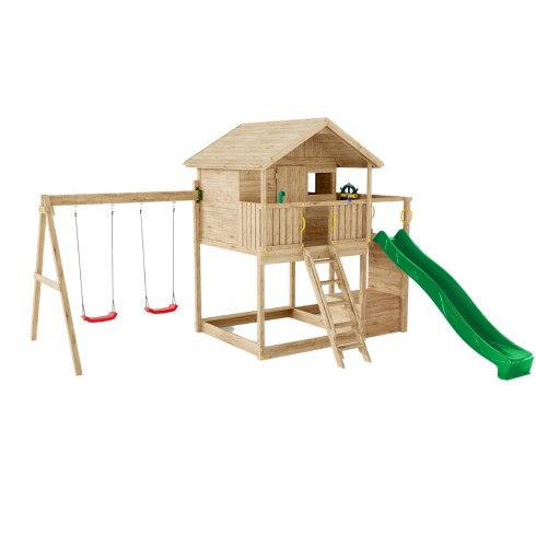 Parco Giochi in Legno con 2 Altalene Scivolo e Sabbiera 310x275x245cm